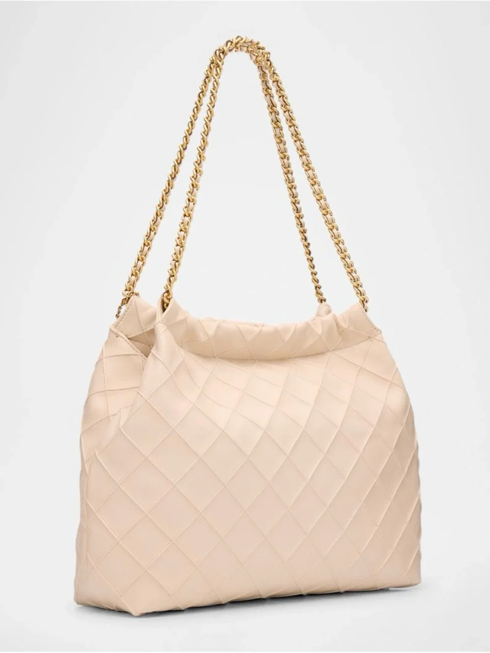 Tory Burch Fleming Drawstring Leather Quilted Cream Hobo Bag Gold Chain Strap